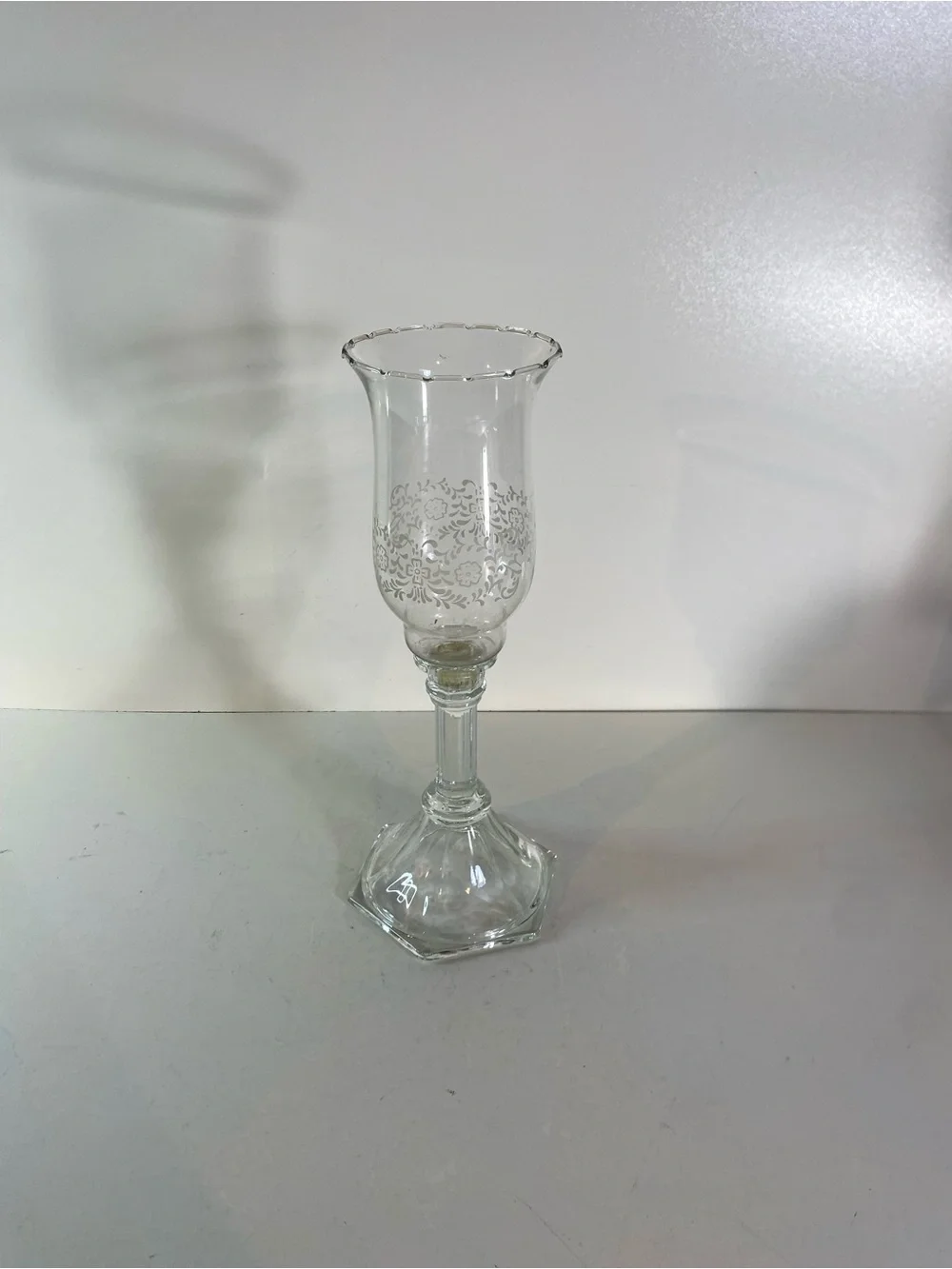 Vintage 2 Piece Clear Glass Etched Floral Votive Cup Candle Holder 12” Height